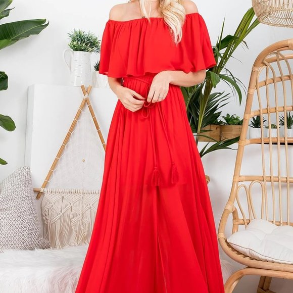 Sweet Lovely Ruffled Off The Shoulder Poppy Maxi Dress - Picture 3 of 8